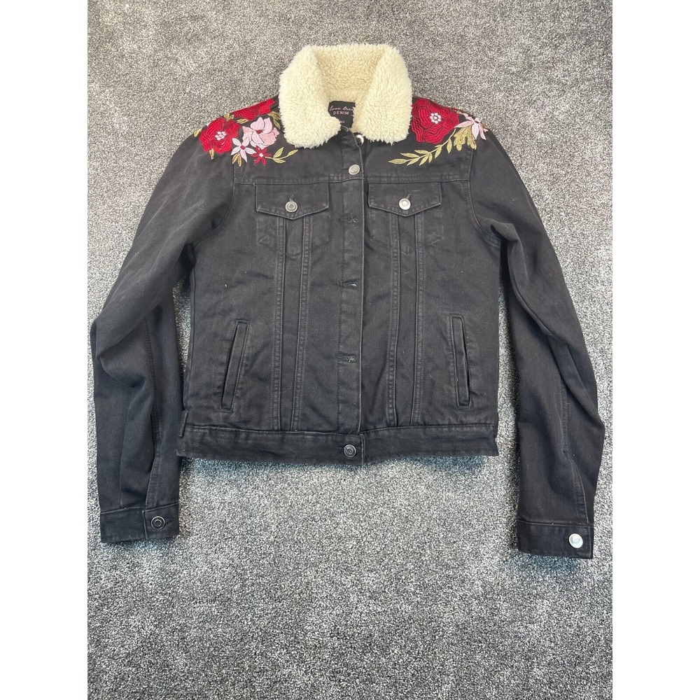 Love‎ Tree Womens S Jean Jacket Denim Faux Sherpa Lined Floral Embroidery Black